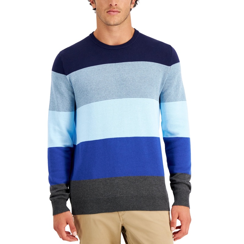 Club Room Mens Striped Cotton Crewneck Sweater Navy 2XL