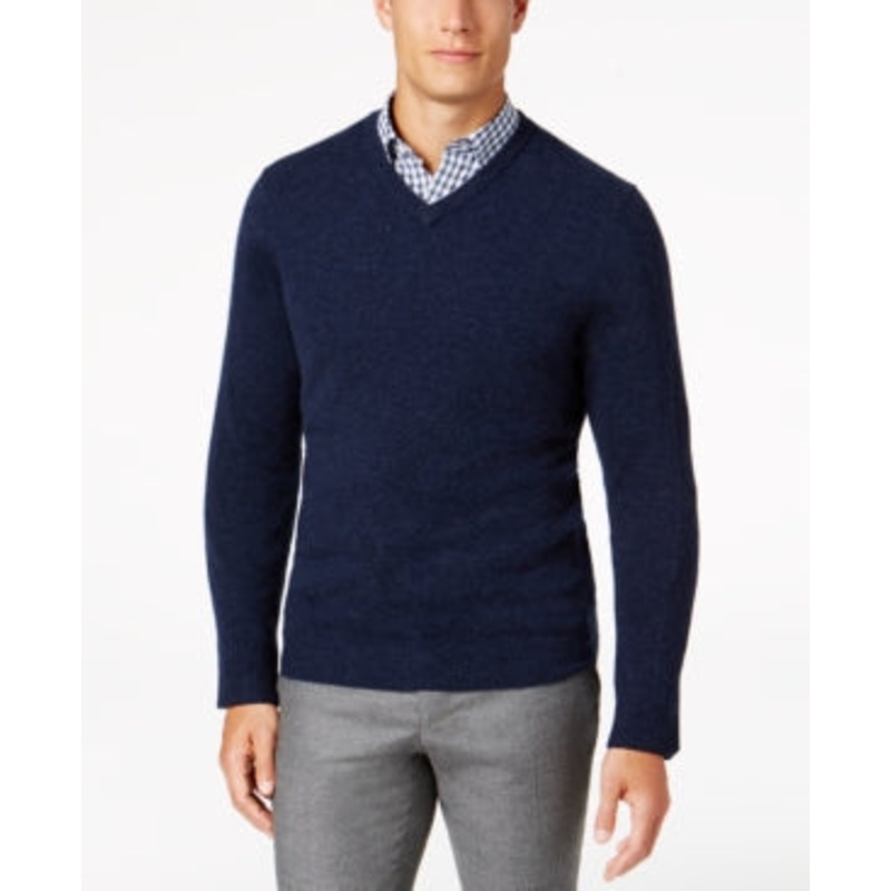 Club Room Mens V Neck Cashmere Sweater Navy Blue Heather Large