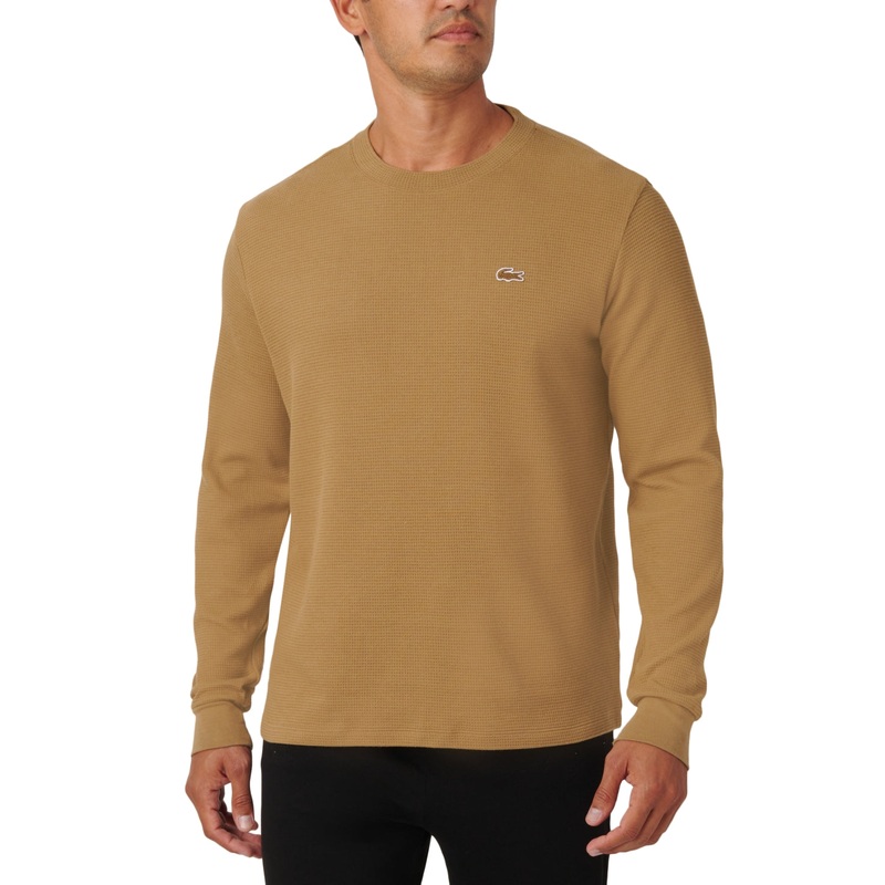 Lacoste Men's Beige Waffle Knit Thermal Sleep Shirt Brown Small
