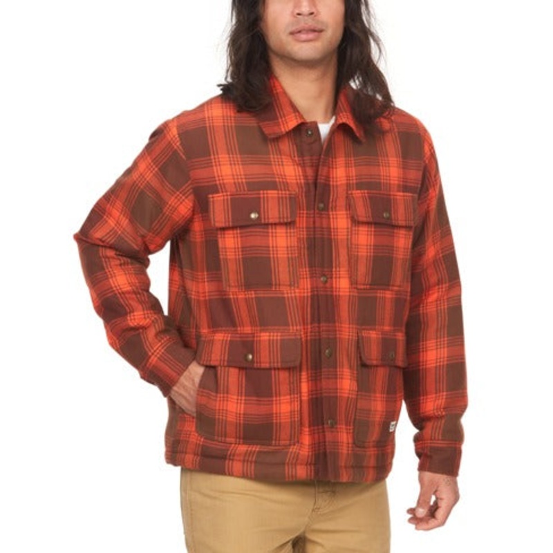 Marmot Men's Plaid Fleece Lined Flannel Shirt Jacket Orange / Brown XL