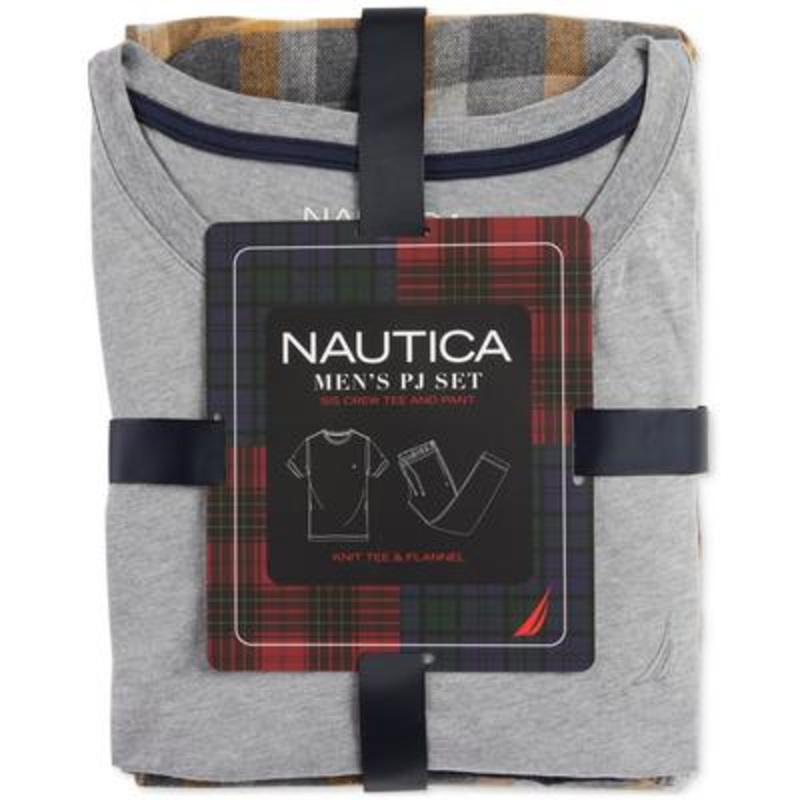 Nautica Mens 2 Piece T Shirt and Pajama Pants Set Grey Plaid Medium