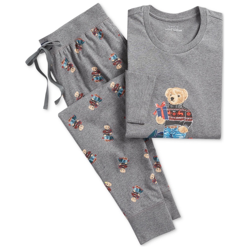 Polo Ralph Lauren Mens 2 Piece Holiday Bear Shirt Pajama Pants Set Grey Small