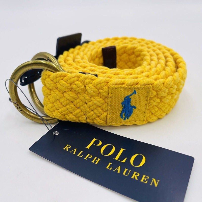 Polo Ralph Lauren Mens Leather Trim Cotton Belt Yellow Small