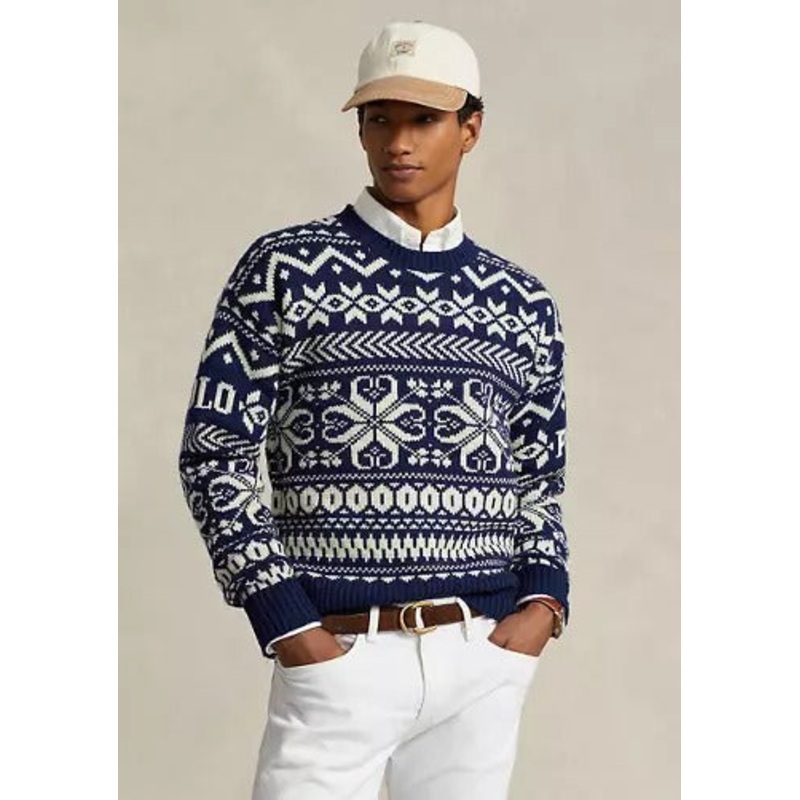 Polo Ralph Lauren Mens Snowflake Wool Blend Sweater Medium Navy Blue White