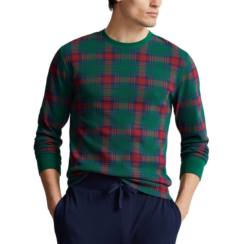Ralph Lauren Polo Men's Waffle Knit Thermal Plaid Long Sleeve Pajama Shirt Green