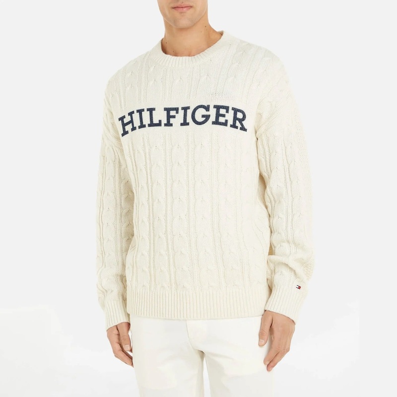 Tommy Hilfiger Men's Oversized-Fit Monotype Logo Cable-Knit Sweater XXL White