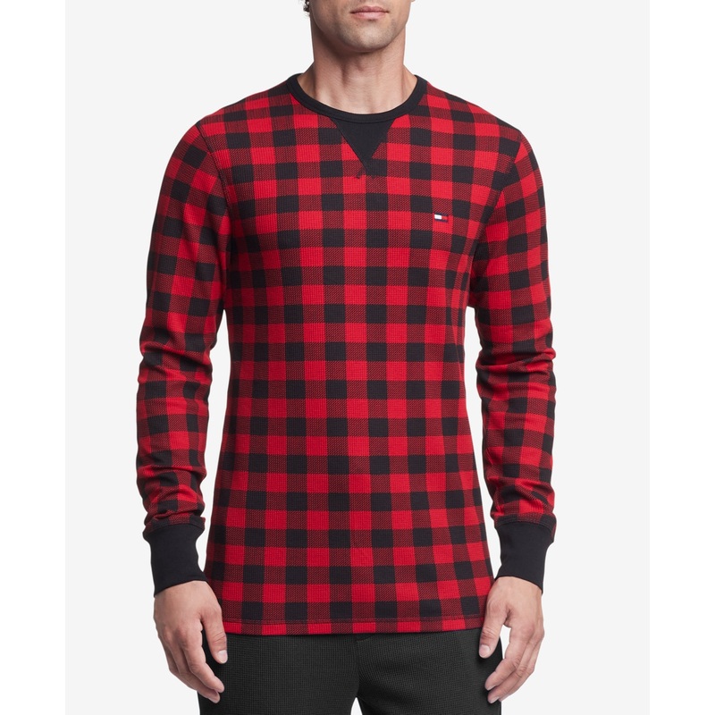 Tommy Hilfiger Men's Waffle Knit Long Sleeve Pajama Shirt Red Black Large