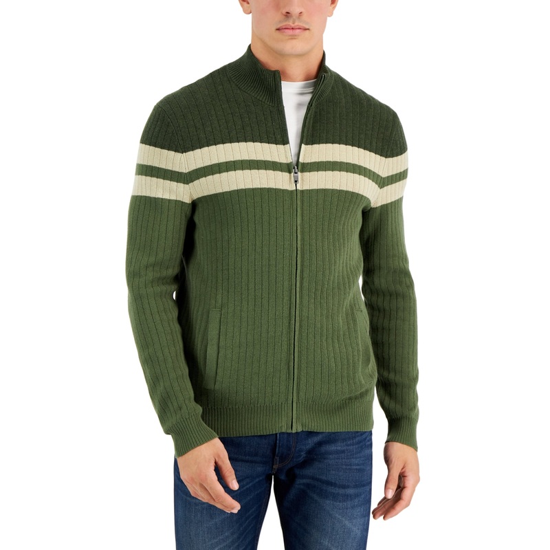 Alfani Men's Colorblocked Costa Green Combo Full Zip Sweater Large