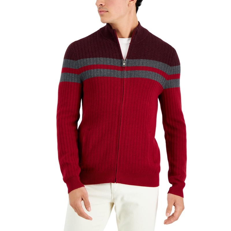 Alfani Men's Colorblocked Full Zip Sweater Merlot XL