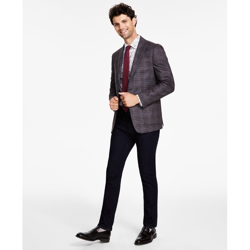 Bar III Men's Slim Fit Plaid Knit Gray Blazer Brown 36S