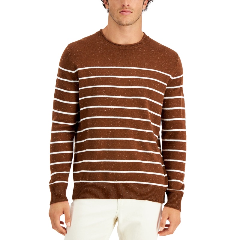 Club Room Men's Brown Striped Crewneck Sweater Brown White Medium