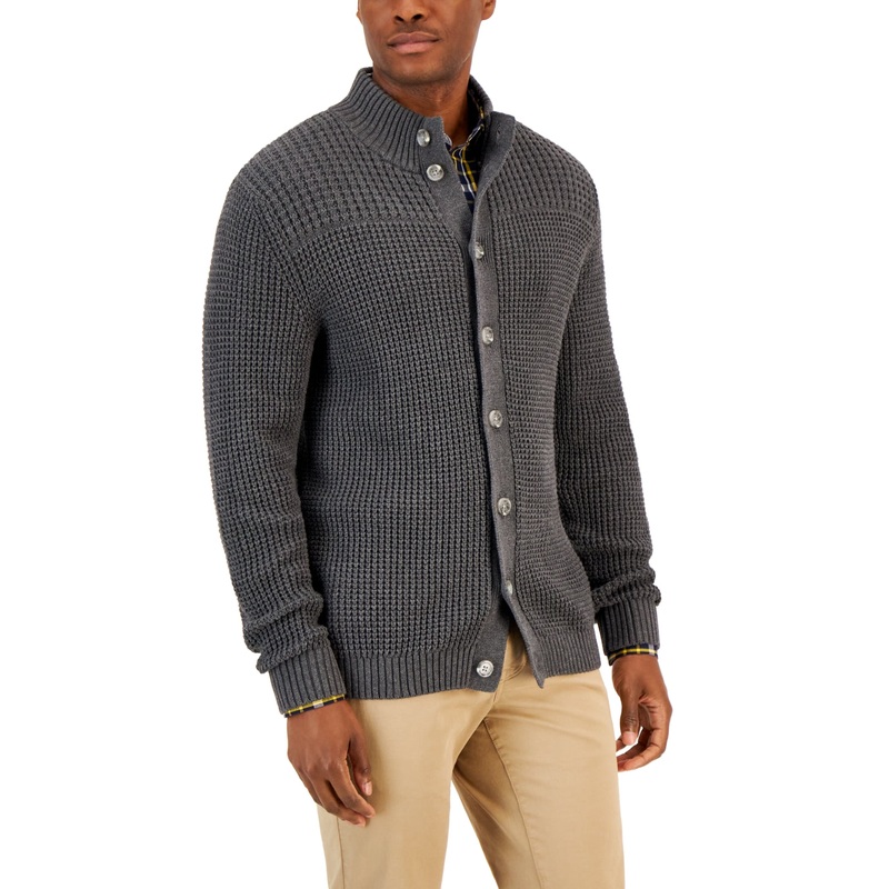 Club Room Men's Chunky Waffle Button Down Cardigan Charcoal Heather Small