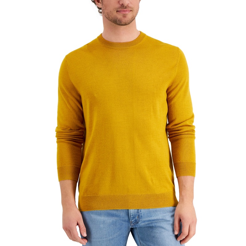 Club Room Men's Solid Crew Neck Merino Wool Blend Sweater Dijon Yellow Medium