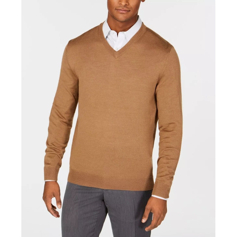 Club Room Men's V Neck Cashmere Sweater Khaki Brown Medium
