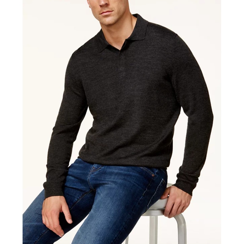 Club Room Mens Merino Henley Sweater Ebony Heather Small