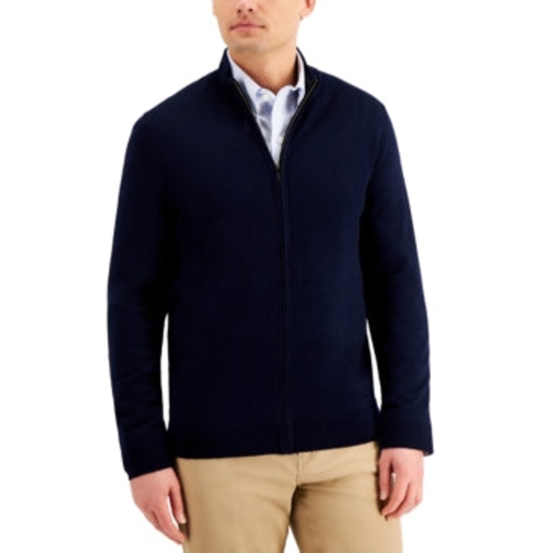 Club Room Mens Merino Zip Front Sweater Navy Blue Small