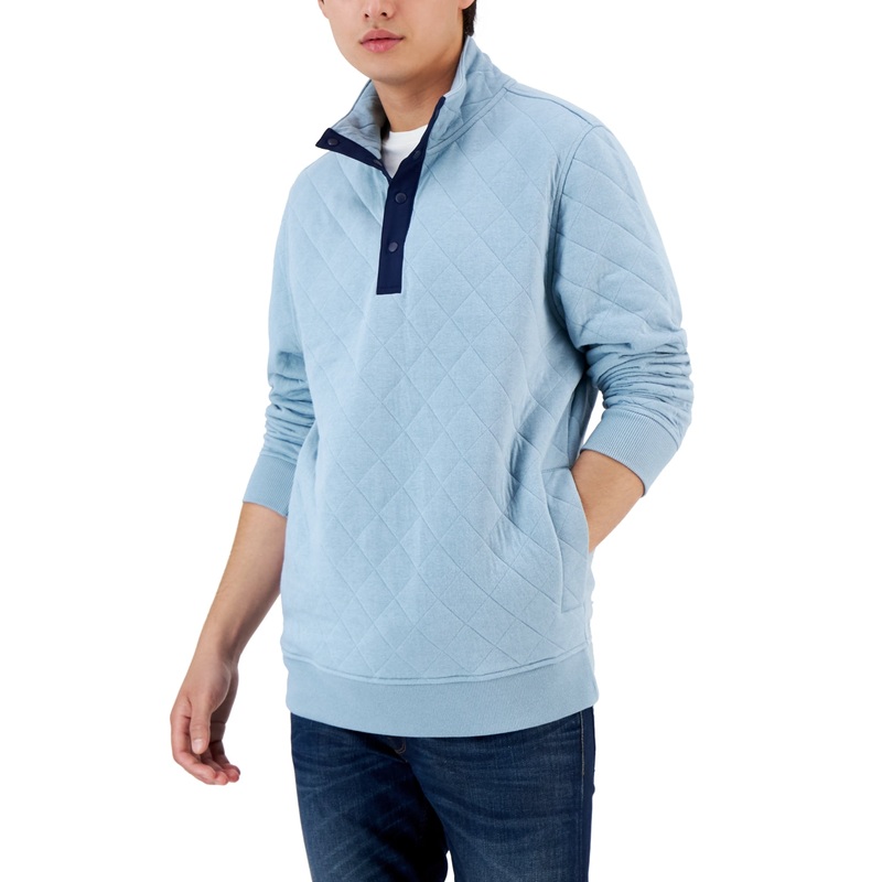 Club Room Mens Quarter Zip Quilted Pullover Sweater Pale Glass Blue Large