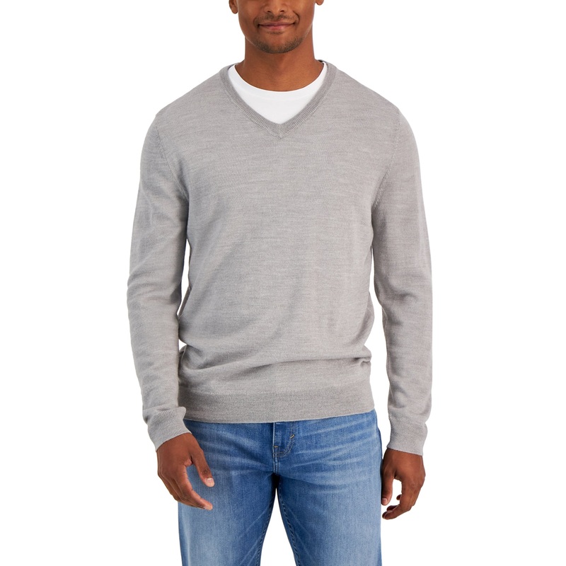 Club Room Mens Regular Fit Solid V Neck Merino Sweater Smoke Heather XL