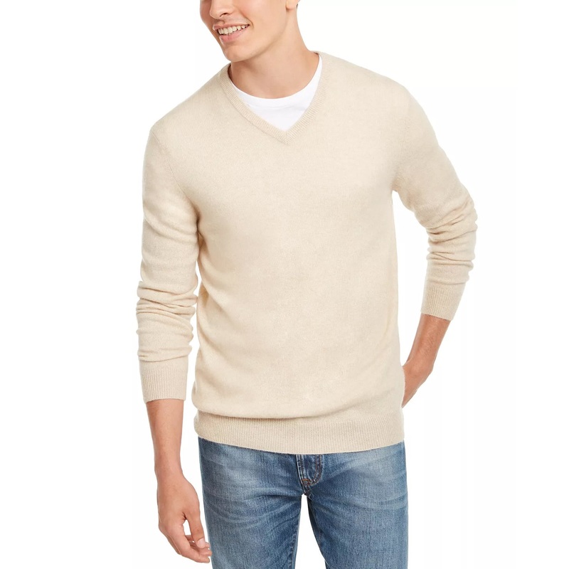 Club Room Mens V Neck Cashmere Sweater Oatmeal Heather Beige XL