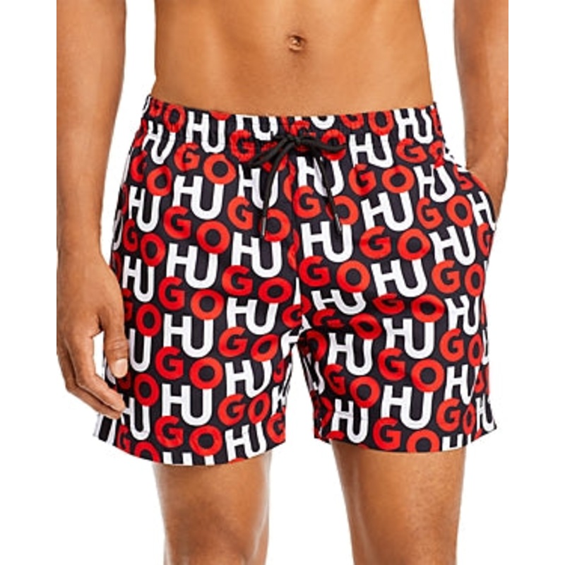 HUGO Mens Kook Logo Swim Shorts Black Red 2XL