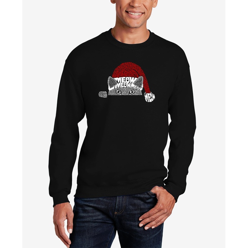 LA Pop Art Mens  Christmas Peeking Cat Crewneck Sweatshirt Black XL