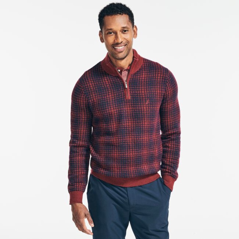 Nautica Mens Quarter Zip Sweater Deep Crimson Red Blue XL