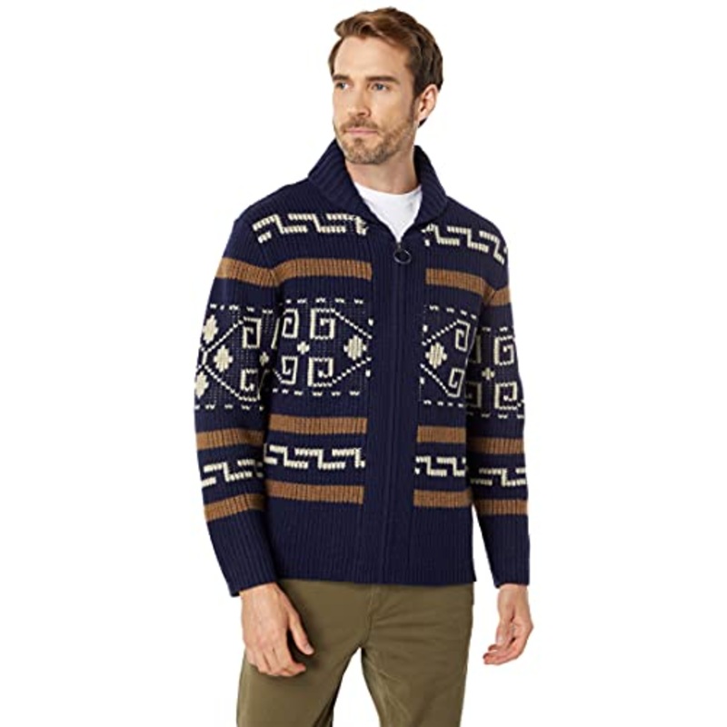 Pendleton Men's Westerly Shawl Sweater Navy Blue Brown Medium