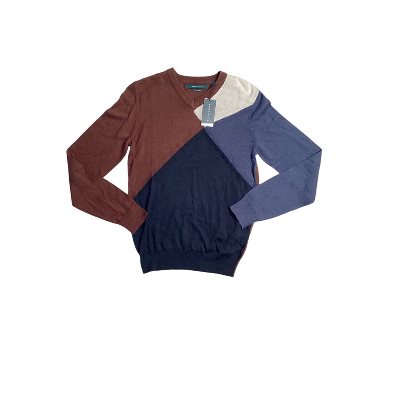 Perry Ellis V Neck Cotton Blend Sweater Brown Blue XXL