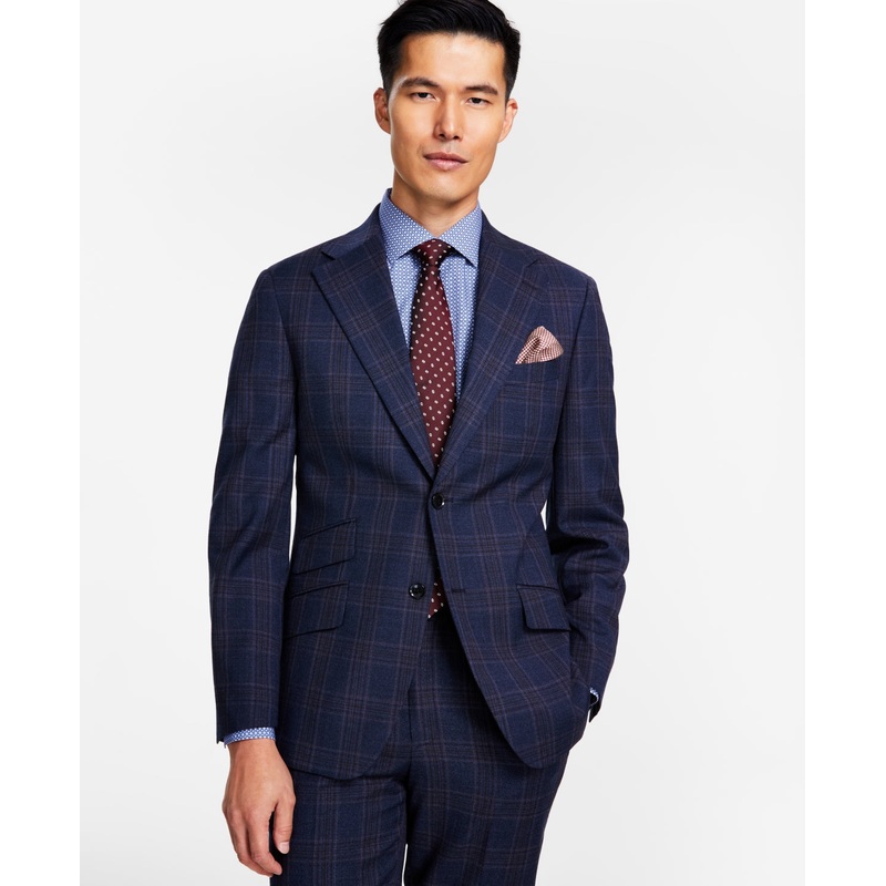 Tallia Mens Slim Fit Stretch Plaid Sport Coat Blazer Blue Brown  44L