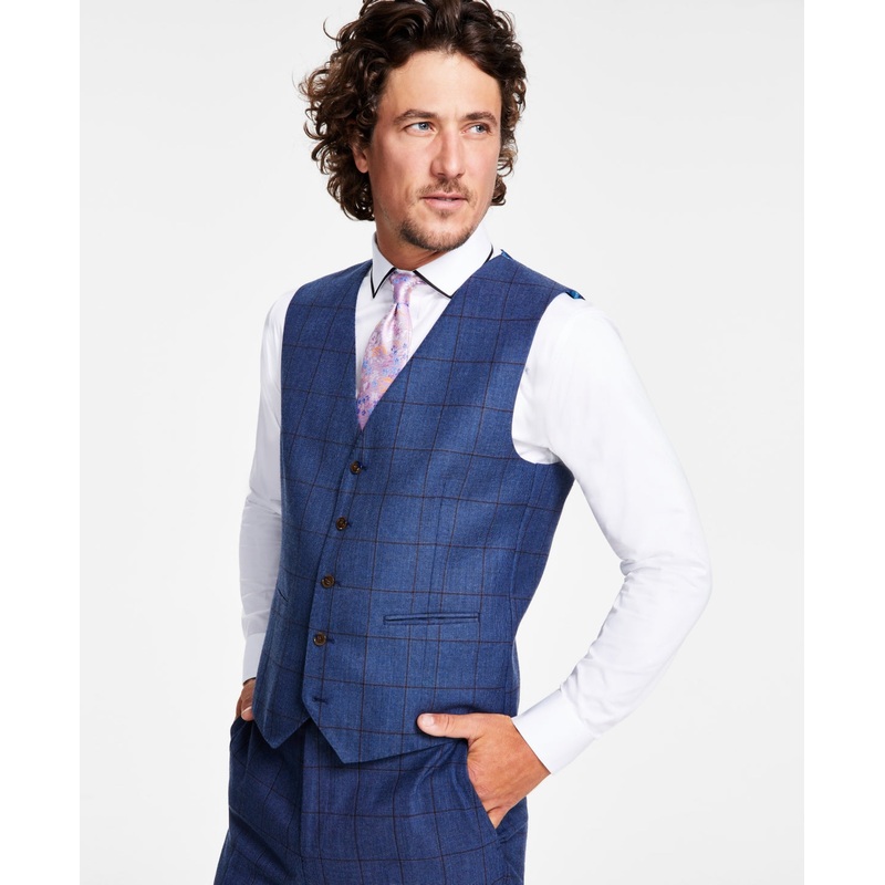 Tayion Collection Mens Classic Fit Windowpane Suit Vest Blue Brown Large
