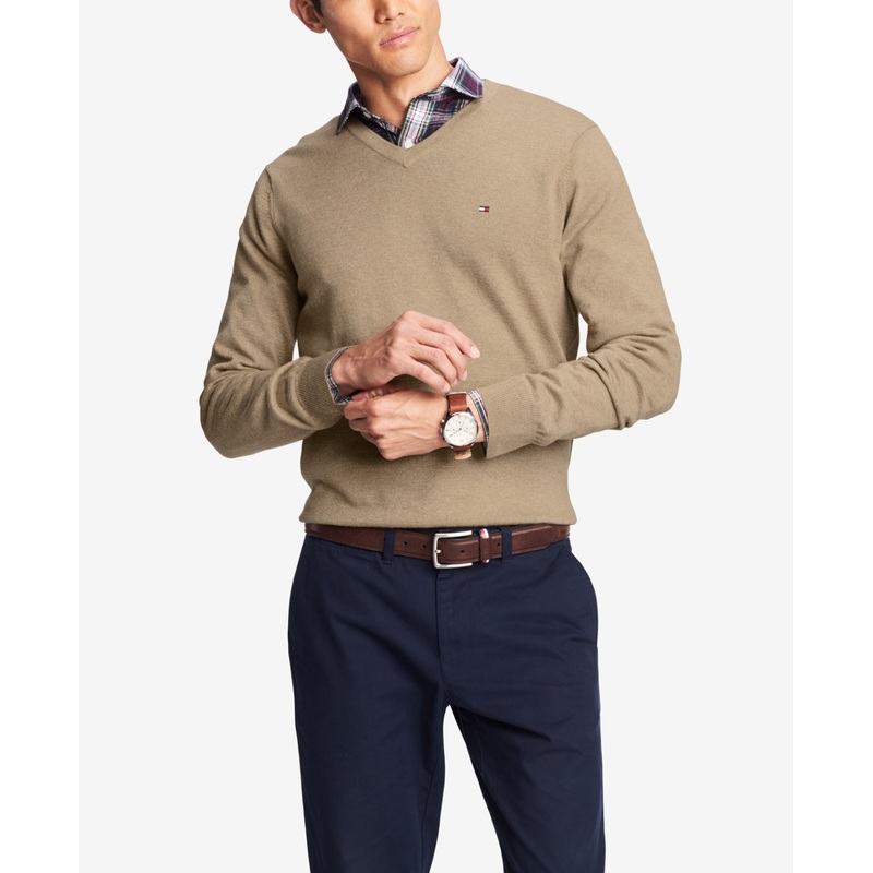 Tommy Hilfiger Mens Essential Solid V Neck Sweater Champagne Toast Brown XL