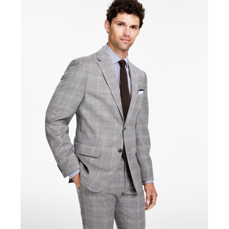 Tommy Hilfiger Mens Modern Fit Wool Sport Coat Blazer  Grey Camel Plaid 44L