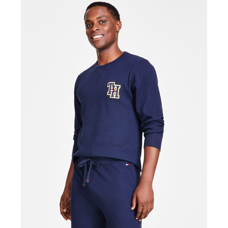 Tommy Hilfiger Mens Waffle Knit Long Sleeve Pajama Shirt Navy Blue Large