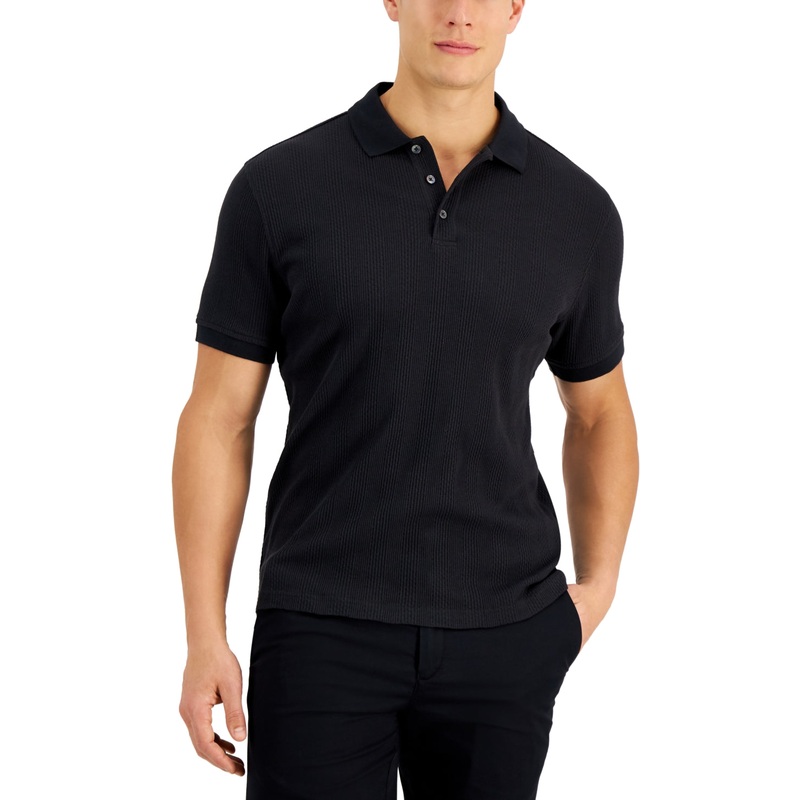 Alfani Men's Stretch Textured Stripe Short Sleeve Polo Shirt Black Medium
