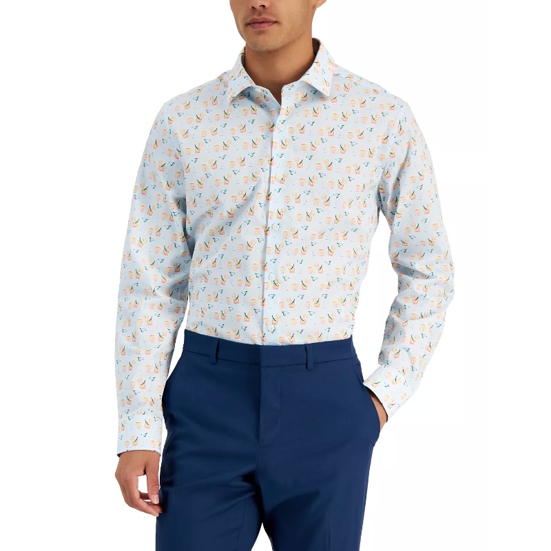 Bar III Men's Cocktail Print Button Down Dress Shirt Lightt Blue 15 15.5