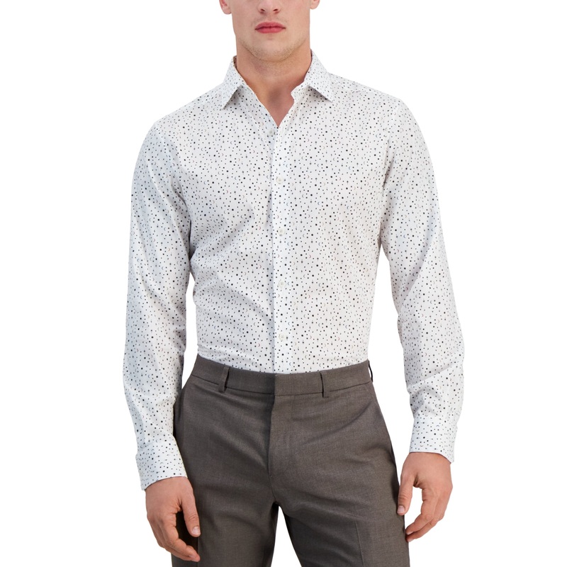 Bar III Men's Slim Fit Star Print White Button Down Dress Shirt Small 14 14.5