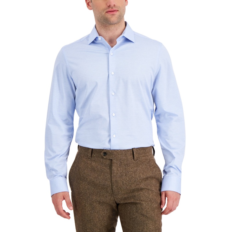 Bar III Men's Slim Fit  Stretch Solid Knit Button Down Dress Shirt Blue 14 14.5
