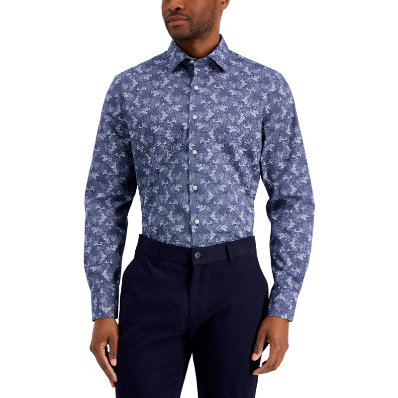 Bar III Mens Slim Fit Floral Button Down Shirt Navy Blue Medium