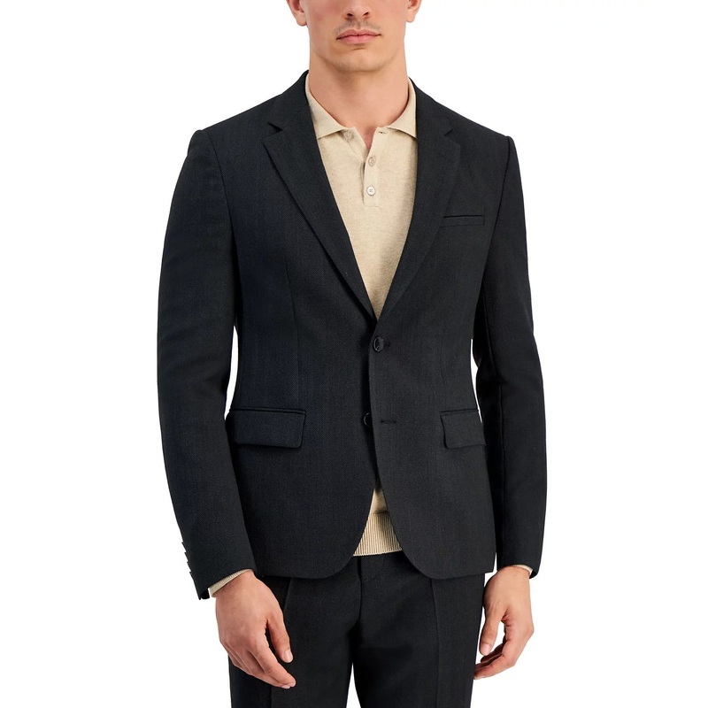 HUGO Men's Modern-Fit Charcoal Herringbone Suit Jacket Sport Coat 38R Wool Blend