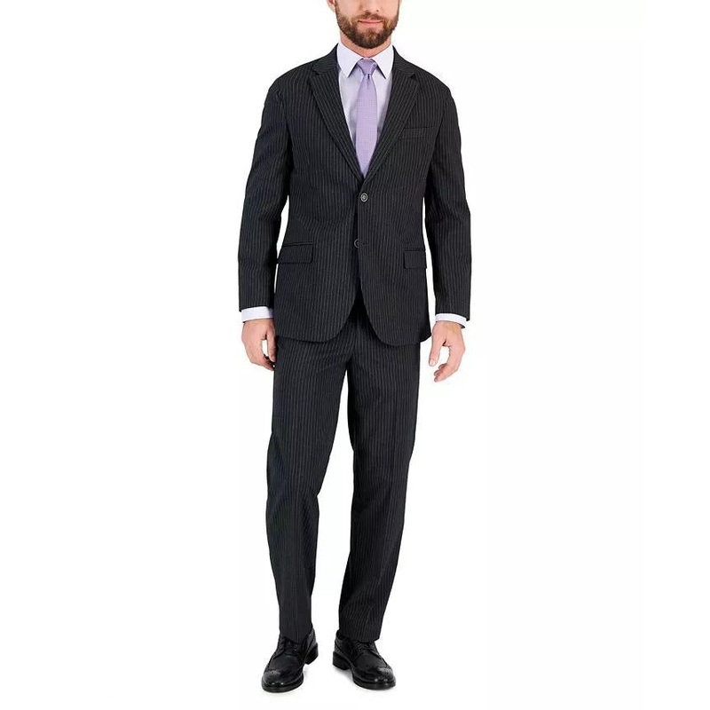 Nautica Mens Modern-Fit Bi-Stretch Suit Grey Pinstripe 40L / 34 x 32