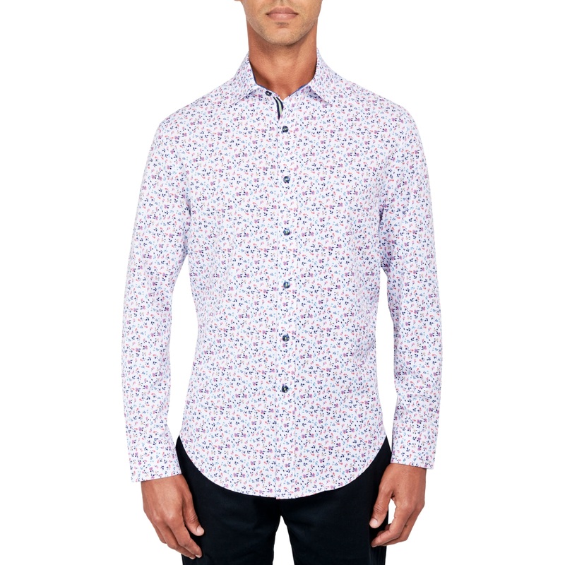 Society of Threads Mens Regular FIt Button Down Shirt White Pink  Large