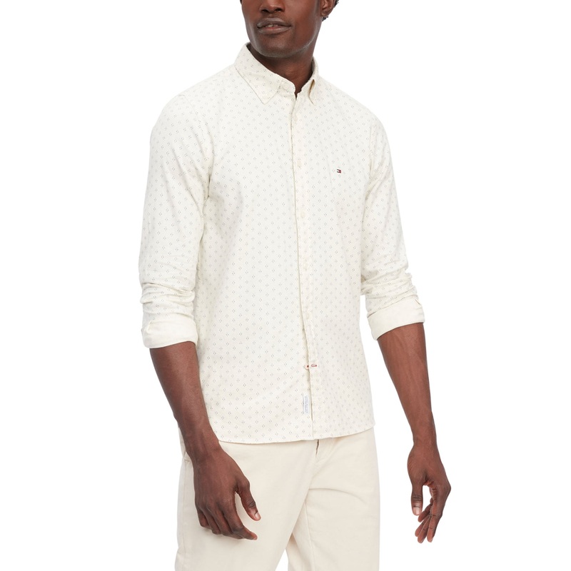 Tommy Hilfiger Mens Flex Slim Fit Brush Twill Button Down Shirt Ecru Blue Small
