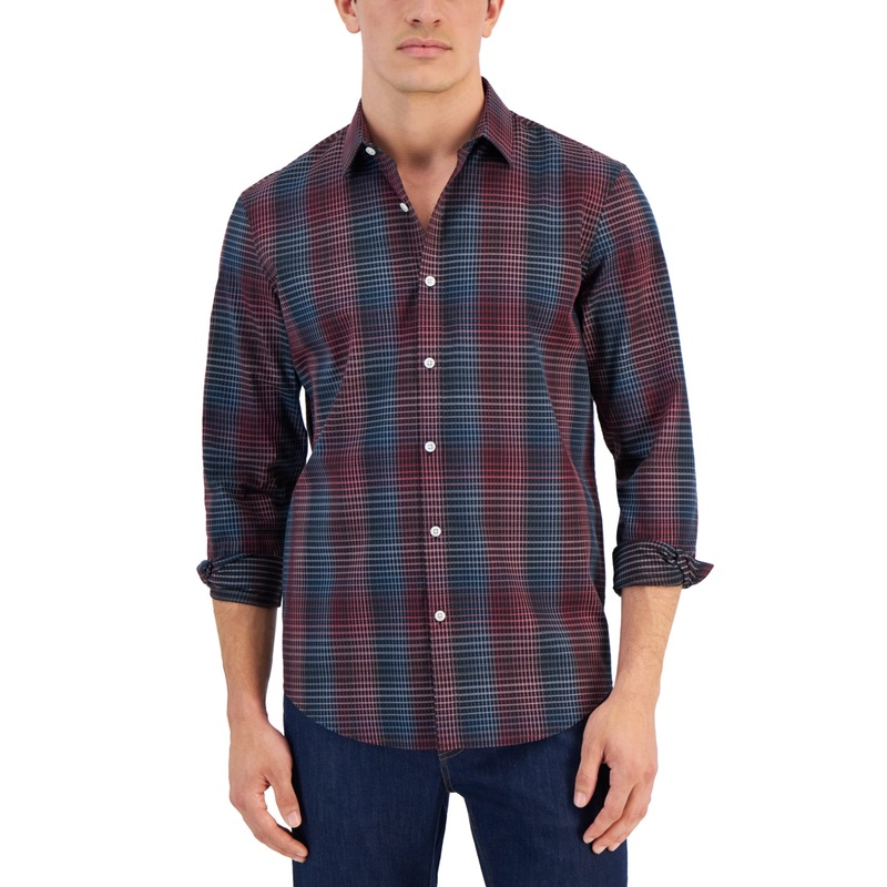Alfani Men's Grad Plaid Yarn Dyed Long Sleeve Button Down Shirt Black XL