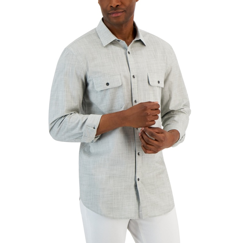 Alfani Mens Regular Fit Solid Button Down Shirt Military Soil 2XL