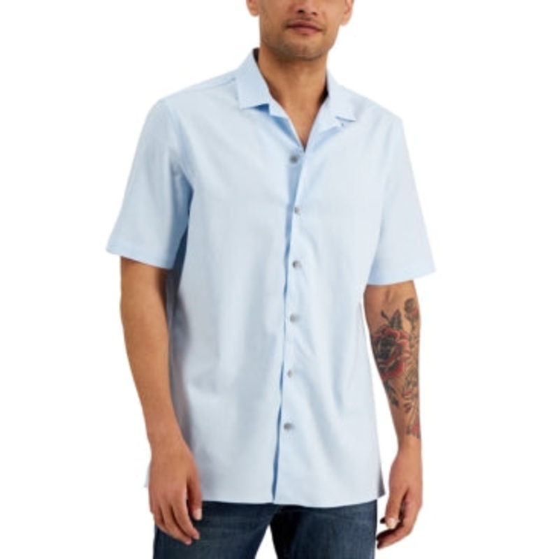 Alfani Mens Solid Button Down Camp Shirt Nantucket Breeze Large