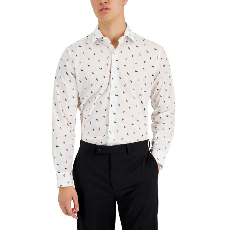 Bar III Mens Slim Fit Forest Bird Print Button Down Shirt White Medium 15 15.5