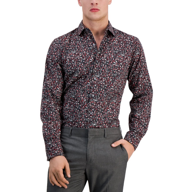Bar III Mens Slim Fit Machia Floral Button Down Shirt Black Red Medium 15 15.5