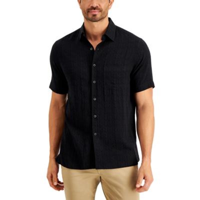 Club Room Men's Textured Short Sleeve Button Down Shirt Shirt Black XL