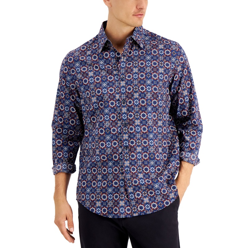 Club Room Men's Tuscani Geo Print Button Down Shirt Navy Blue Large