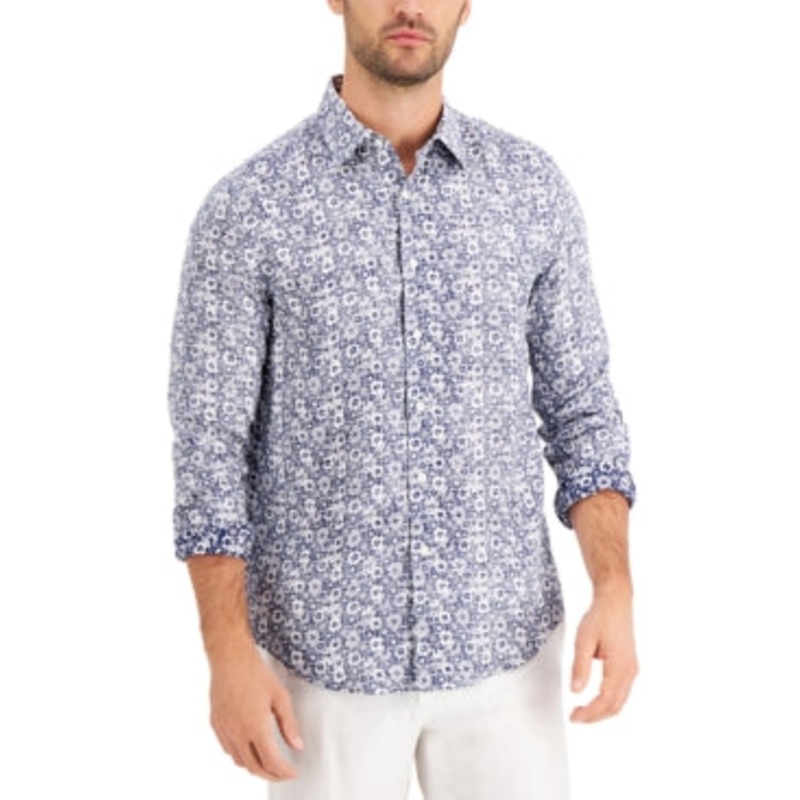 Tasso Elba Men's Afara Flora Linen Button Donw Shirt Navy Blue Combo Large